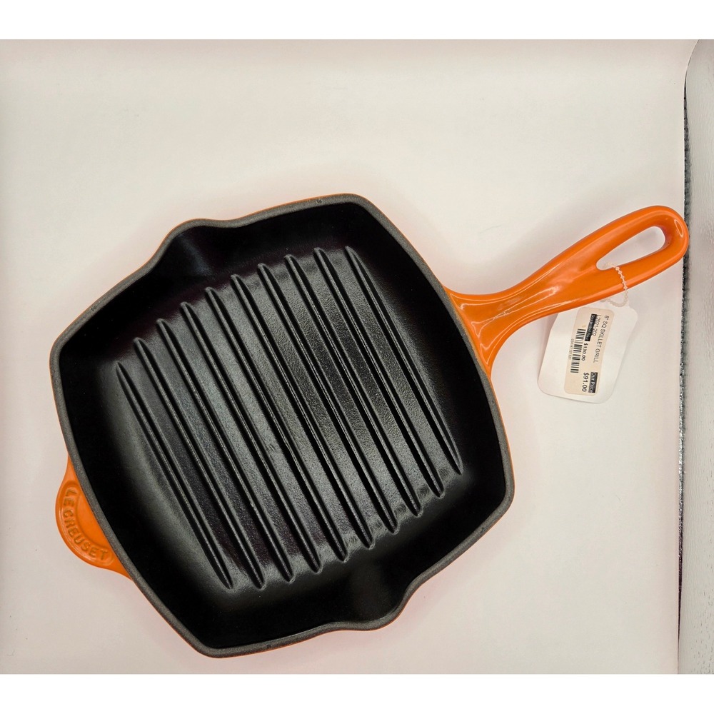 Le Creuset NWT 8 Inch Square Skillet Grill Pan Cast Iron & Enamel Flame Orange
